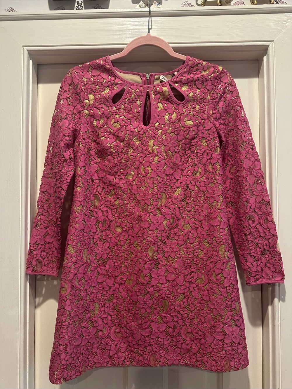 Juicy Couture Fuchsia Lace Long-Sleeve Dress with Gold Underlay